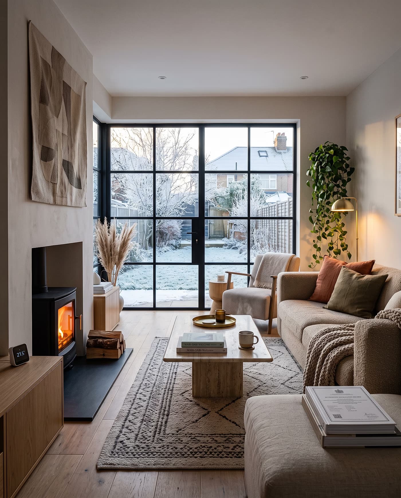 A warm living room in winter: a lit stove, a smart thermostat reading 21.5°C inside against −4°C outside, and a Boiler Upgrade Scheme certificate on the table