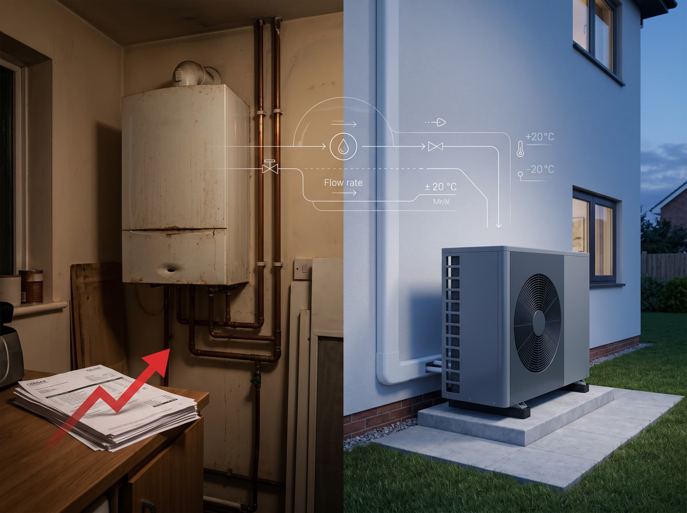 Side-by-side: an ageing gas boiler with rising bills, and a modern air source heat pump beside a home