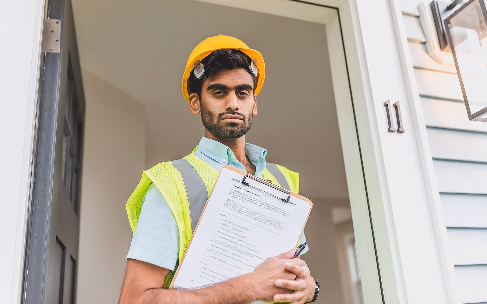 A Smart Energie surveyor with an itemised home-assessment checklist at a customer's front door